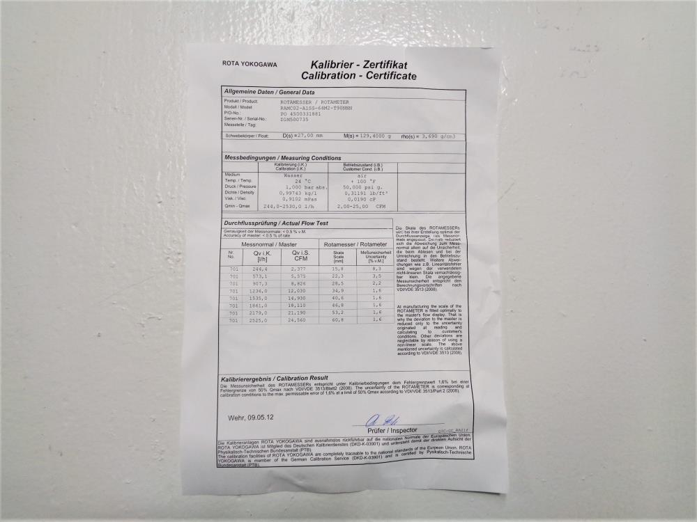 Rota Yokogawa 1" 150# Stainless Rotameter RAMC02-A1SS-64M2-T90NNN